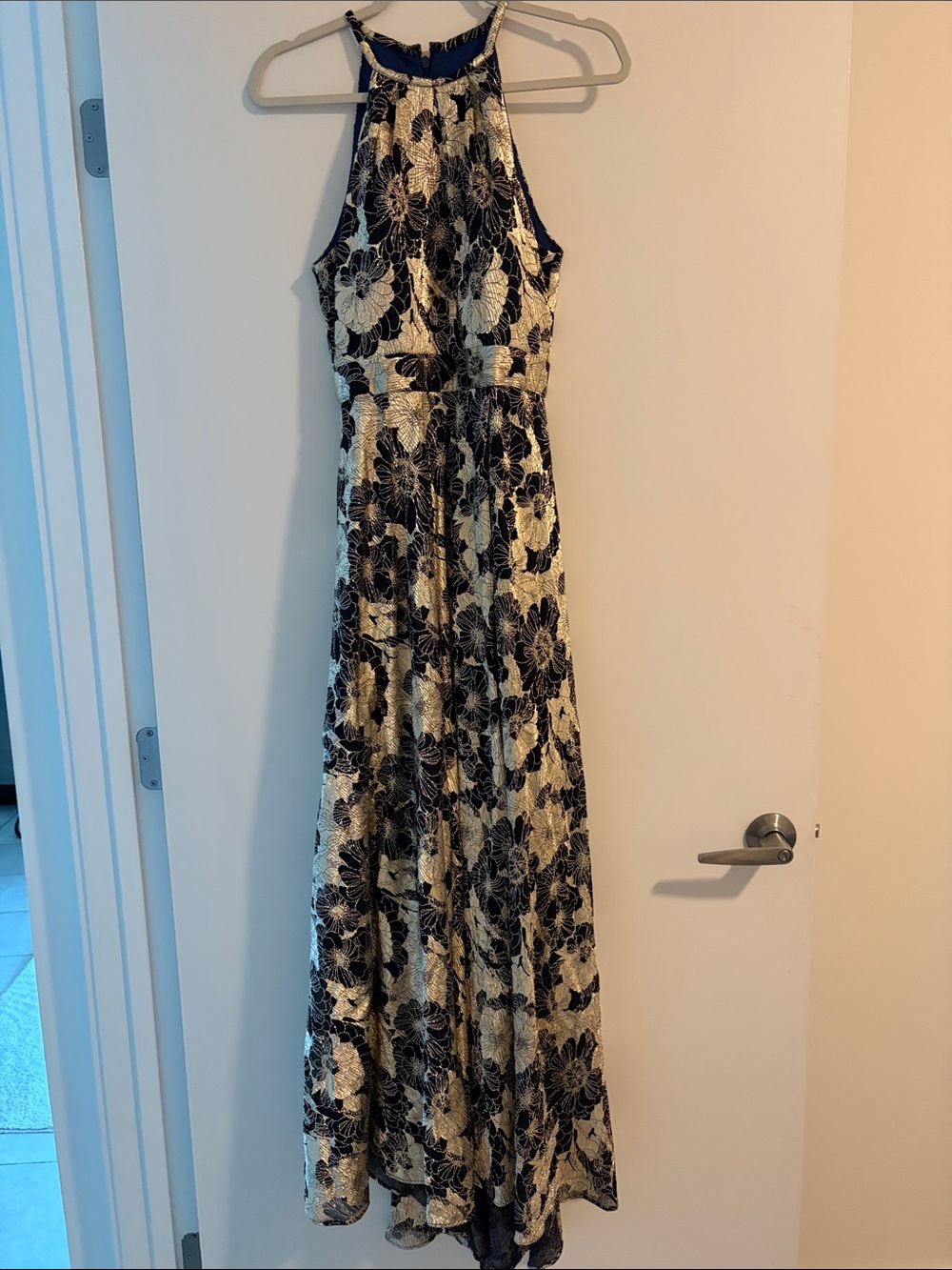 Betsy & Adam Black and Gold Floral Halter Maxi Gown